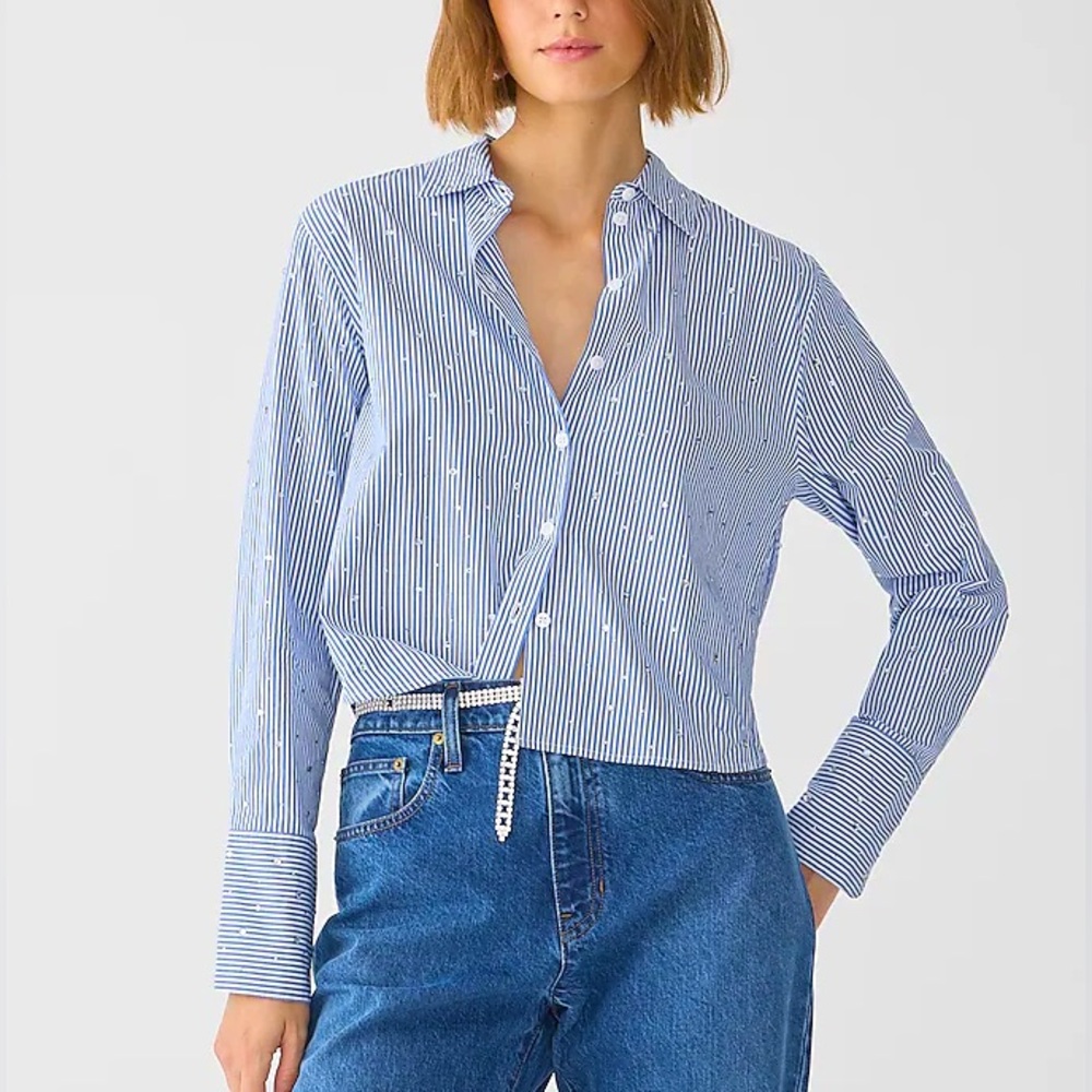 J Crew Cropped Garcon Cotton Poplin Crystal Rhinestone Shirt in Blue Stripe - 6